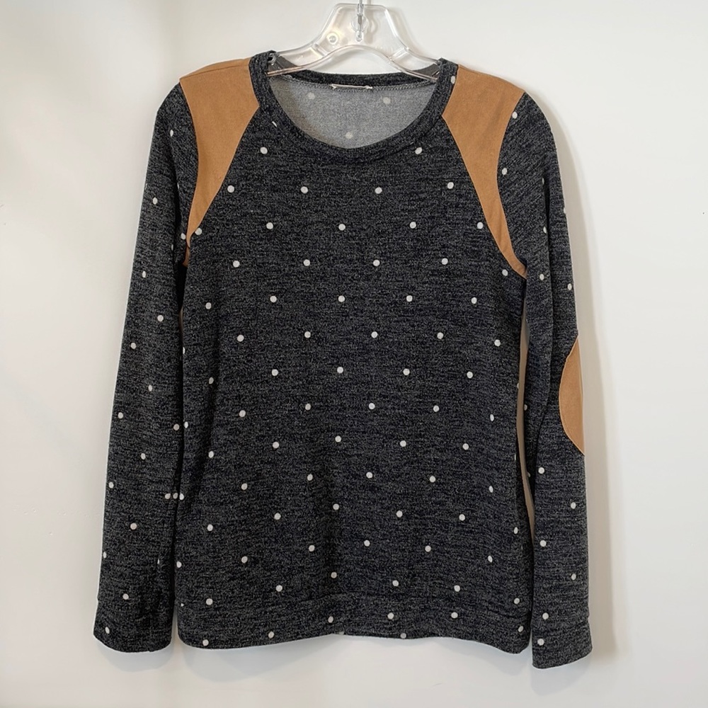 Small. Polka Dot charcoal top. Elbow patches